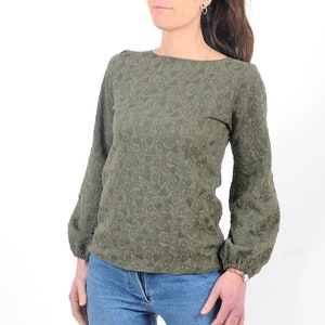 Khaki green sweater with puffy sleeves in textured jersey, Womens clothing, Fall fashion, MALAM image 1