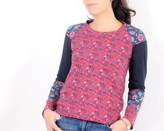 Women cotton top, Dark pink and navy floral jersey top, Womens clothing, MALAM, Size UK 16 or your size