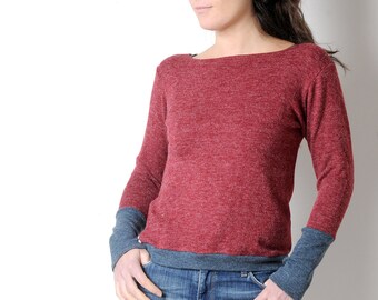 Soft crimson red and blue sweater, Women's knit top, Jersey sweater, Winter fashion, Womens clothing, MALAM, Size UK 10 or 14
