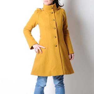 Manteau jaune moutarde à capuche lutin MALAM , Manteau d'hiver en laine vierge, Votre Taille, Mode hivernale image 1