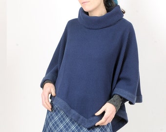 Dark blue knit Cape sweater with wide cowl, wool details, cotton poncho, MALAM, One size, Winter fashion