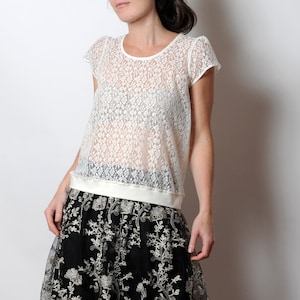 Sheer white lace short-sleeved sweater, Off-white lace top, Womens clothing, MALAM, Any size