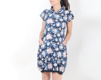 Floral blue dress, short sleeved bubble jersey dress, Womens clothing, MALAM, Any size