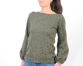 Khaki green sweater with puffy sleeves in textured jersey, Womens clothing, Fall fashion, MALAM