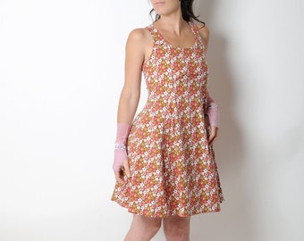 Floral cotton dress with crossed straps in the back, Sleeveless women's dress, MALAM, Size UK12/FR40, UK14/FR42 or your size