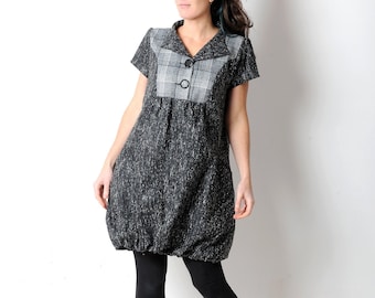Robe femme noire et grise forme boule, grandes poches, manches courtes, MALAM, taille 42