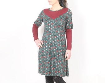 Robe verte, rouge et dorée, jersey imprimé, manches gigot, MALAM, T40