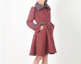 Manteau d'hiver élégant rouge rayé et écossais, MALAM, Taille 40