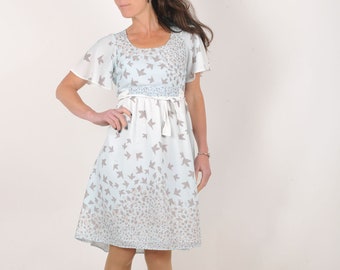 Pale blue flowy dress with bird print and flutter sleeves, Womens clothing, MALAM, Any size