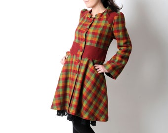 Flared checkered coat, Red and green winter wool coat with colorful pattern, Red womens winter coat, MALAM, size UK 12