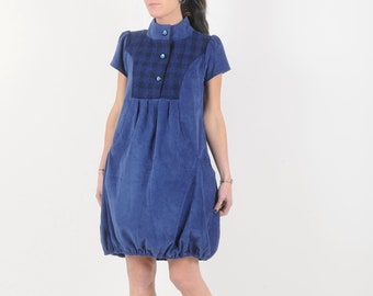 Cobalt blue cord dress, Short-sleeved wool bubble dress, fall-winter womens dresses, MALAM, size UK10/ FR38
