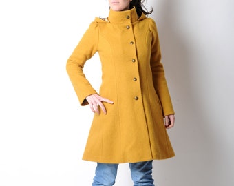 Manteau jaune moutarde à capuche lutin MALAM , Manteau d'hiver en laine vierge, Votre Taille, Mode hivernale