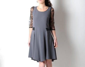 Robe automne grise et noire, manches dentelle, coupe évasée, MALAM, taille 40