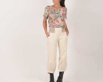 Womens cropped pants with stretchy belt, pale beige woven silk, ankle length puffy pants, Size XS, S, M, L