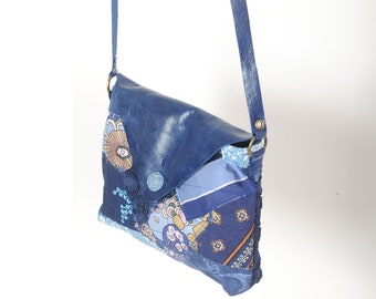 Blue leather and fabric shoulder bag, crazy patchwork, Womens accessories, MALAM