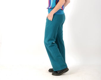 Womens straight duck blue pants, wide legs, Supple fit, Stretchy belt, MALAM, Size S, M, L or other