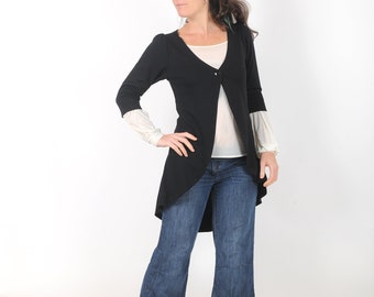 Long black cardigan, Black Pleated swallowtail jersey jacket, Cardigan for women, Office fashion, MALAM, Any size