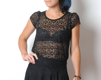 Top noir transparent à manches courtes, top en dentelle noire, Vêtements femme, MALAM, Toutes tailles