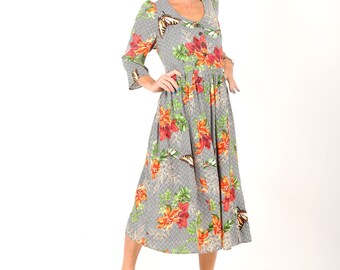 Robe longue fleurie à manches 3/4, robe d'été viscose, T 44, MALAM