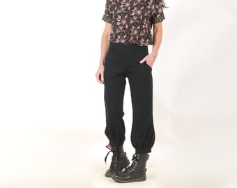 Pantalon coton lavé noir, longueur 4/5 à ceinture extensible, pantalon bouffant, taille XS, S, M, L
