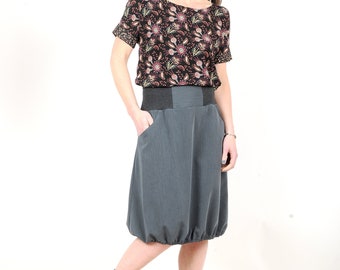 Dark grey bubble skirt, Womens skirts with pockets, stretchy belt, size M, MALAM