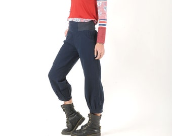 Pantalon bleu marine femme, longueur 4/5 à ceinture extensible, pantalon bouffant, taille XS, S, M, L