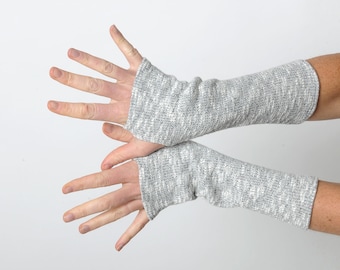 Thick grey arm warmers, Pale grey fingerless gloves, Mottled knit armwarmers, Winter Gift for men and women, MALAM