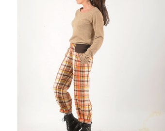 Womens cropped pants with stretchy belt, colorful vintage checkered linen, ankle length puffy pants, Size XS, S, M, L