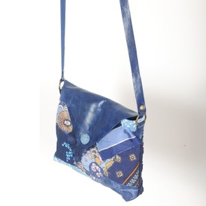Blue leather and fabric shoulder bag, crazy patchwork, Womens accessories, MALAM