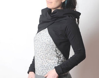 Black Wrap Cardigan,  Black cotton jersey Shrug, Black transformable Wrap Shrug in jersey, Black long sleeved jersey wrap, Any Size, MALAM