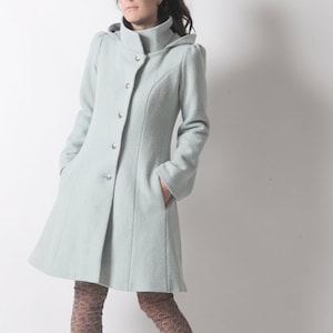 Mint green wool Coat, Womens pale green winter coat, pointy hood, Pastel tones hooded coat, Winter fashion, MALAM, Any size