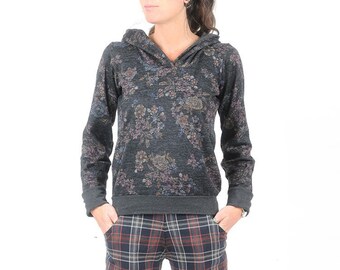 Grey floral hoodie sweater, wide hood, MALAM, winter clothing, Any size