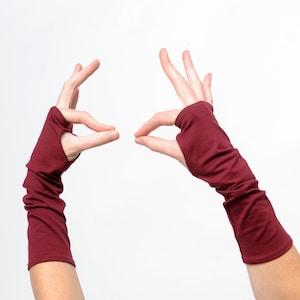 Crimson red arm warmers, Dark red fingerless gloves, Cotton wrist warmers, Dark red fingerless armwarmers, MALAM image 1