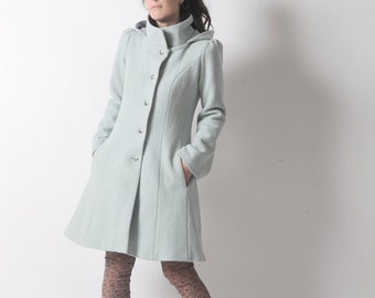 Mint green wool Coat, Womens pale green winter coat, pointy hood, Pastel tones hooded coat, Winter fashion, MALAM, Any size