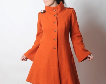 Hooded orange wool coat, Orange womens coat with pixie hood, orange winter coat, Womens clothing, MALAM, Your Size