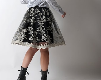 Black lace skirt, black and white tulle, pleated black lace skirt, short black skirt, MALAM, Size UK 10