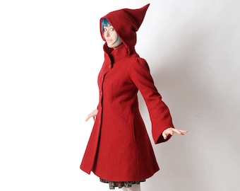 Hooded red wool coat, womens flared coat with pixie hood, Red winter coat, Womens clothing, MALAM, Your Size