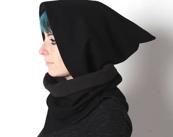 Black hooded scarf, Black cowl with pointy hood, Pixie hooded scarf in black, removable hood, Winter accessories, MALAM