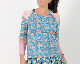 Women cotton top, Fun blue and pink floral jersey top,Womens clothing, MALAM, Size UK 12, 16