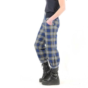 Womens cropped pants with stretchy belt, cobalt blue and yellow plaid wool, ankle length puffy pants, Size XS
