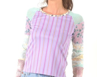 Patchwork Striped Floral Jersey Top, Green Lilac Women's T-Shirt, MALAM, Size UK 8