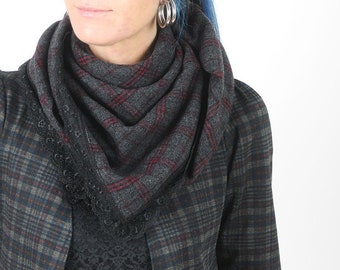 Grey and pink plaid wool shawl scarf with lace trim, Winter accessories