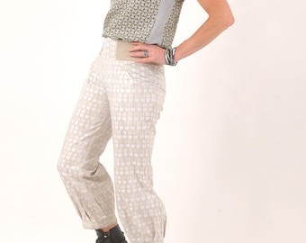 Pantalon femme 4/5 à ceinture extensible, coton beige pois blancs, taille XS ou M