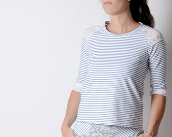 White and blue striped womens top, cotton jersey shirt with lace hemmed sleeves, MALAM, Your size
