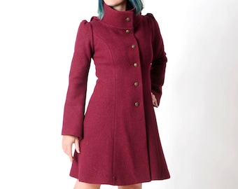 Hooded wine red wool coat, Crimson red womens coat with pixie hood, Red hooded winter coat, virgin wool coat, Womens coats, MALAM