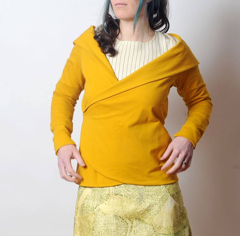 Womens sweaters MALAM Cotton Jersey cardigan Womens clothing Mustard yellow Wrap Shrug Long sleeve jersey wrap sweater