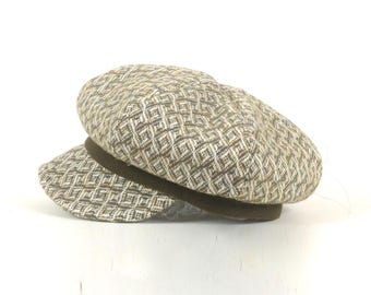 Casquette gavroche rétro, lainage vintage motifs kaki beige, Chapeaux femme 57 cm , MALAM