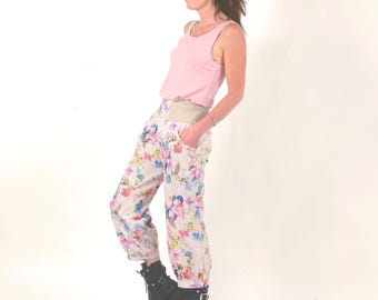 Pantalon femme 4/5 imprimé fleuri, jersey beige prince de galles, pantalon bouffant, taille S, L