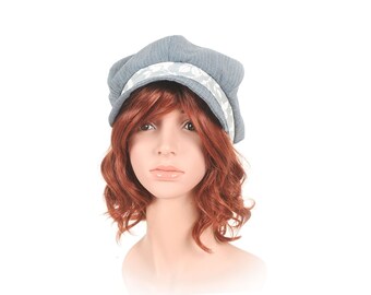 Dusty blue striped newsboy cap hat, floral details, Size 58 cm, MALAM, Womens accessories