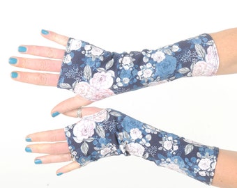 Blue cotton jersey fingerless gloves with floral print, MALAM, Womens accessories